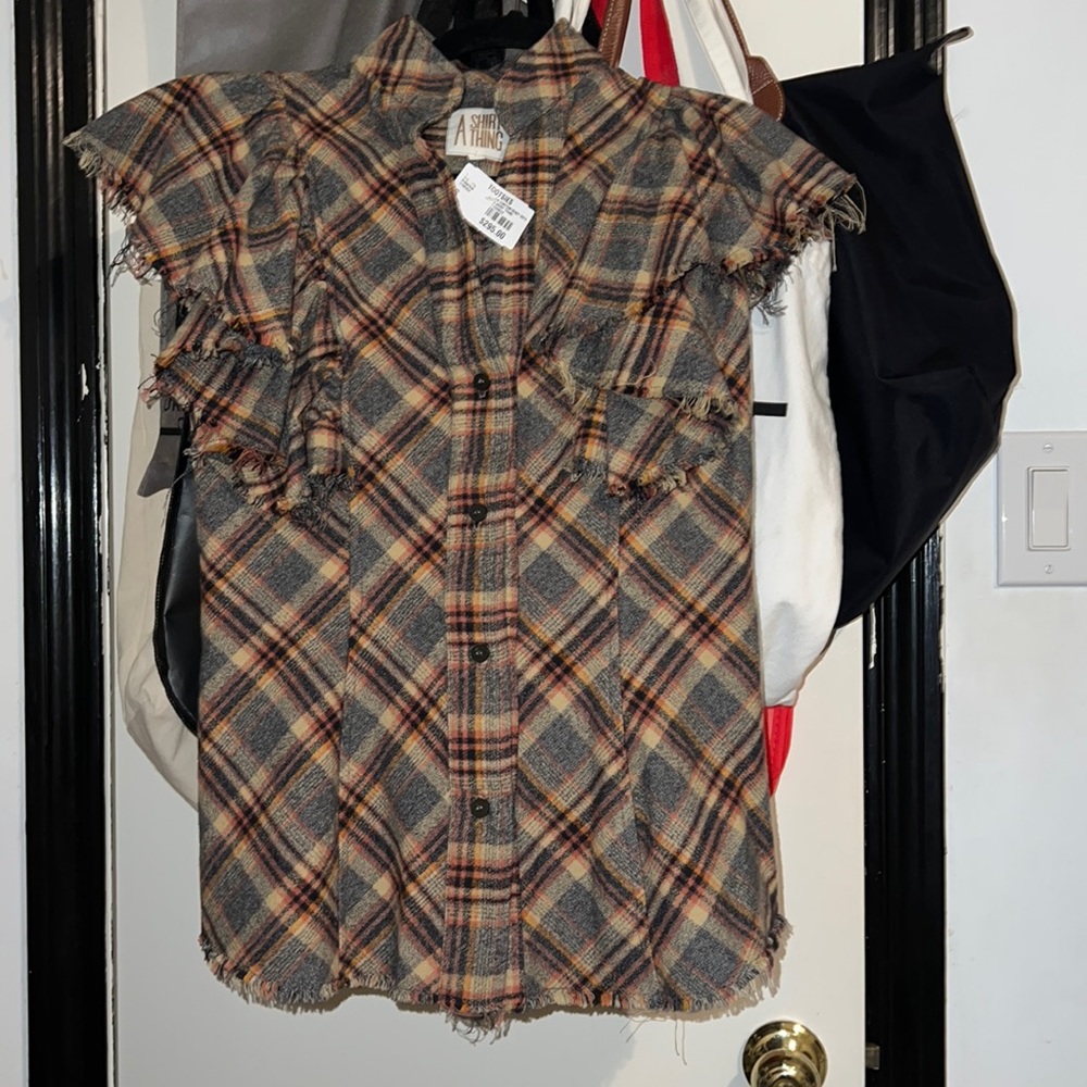 Gray/orange/black plaid blouse